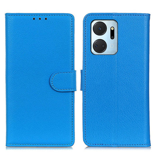 For Honor X7a 5G Drop Protection Phone Case Litchi Texture PU Leather Stand Wallet Anti-scratch Protective Phone Cover - Blue