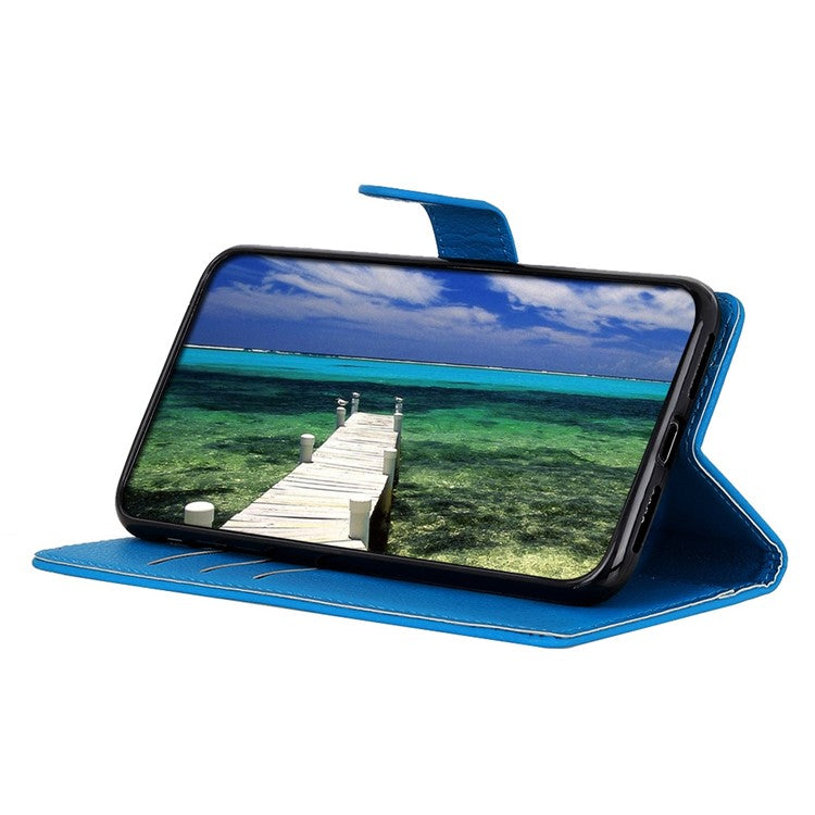 For Honor X7a 5G Drop Protection Phone Case Litchi Texture PU Leather Stand Wallet Anti-scratch Protective Phone Cover - Blue
