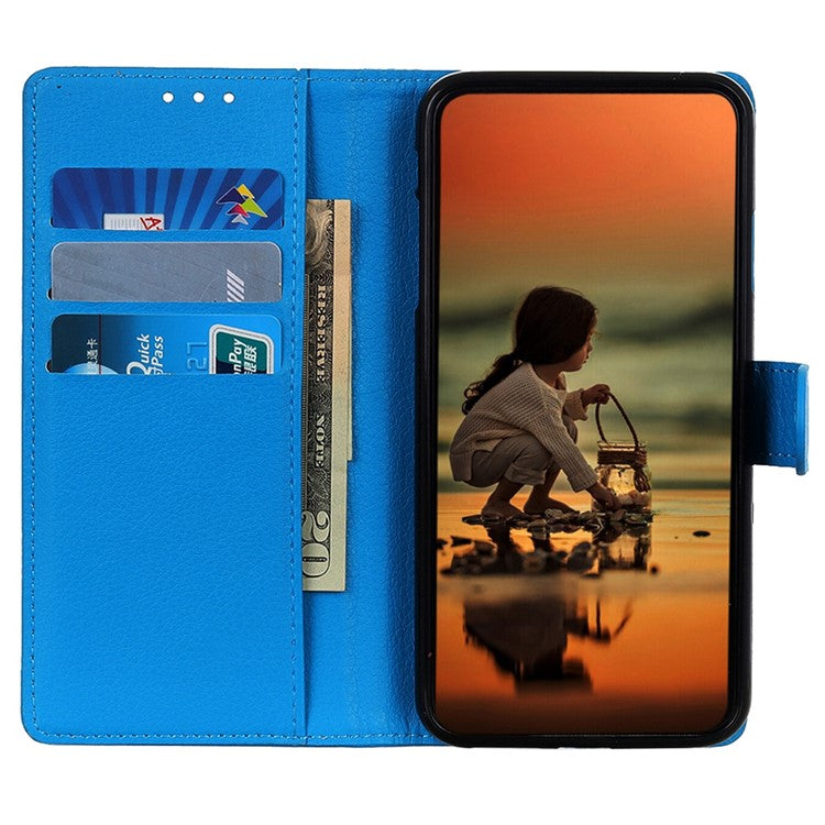 For Honor X7a 5G Drop Protection Phone Case Litchi Texture PU Leather Stand Wallet Anti-scratch Protective Phone Cover - Blue