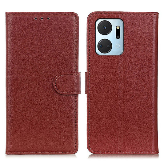 For Honor X7a 5G Drop Protection Phone Case Litchi Texture PU Leather Stand Wallet Anti-scratch Protective Phone Cover - Brown