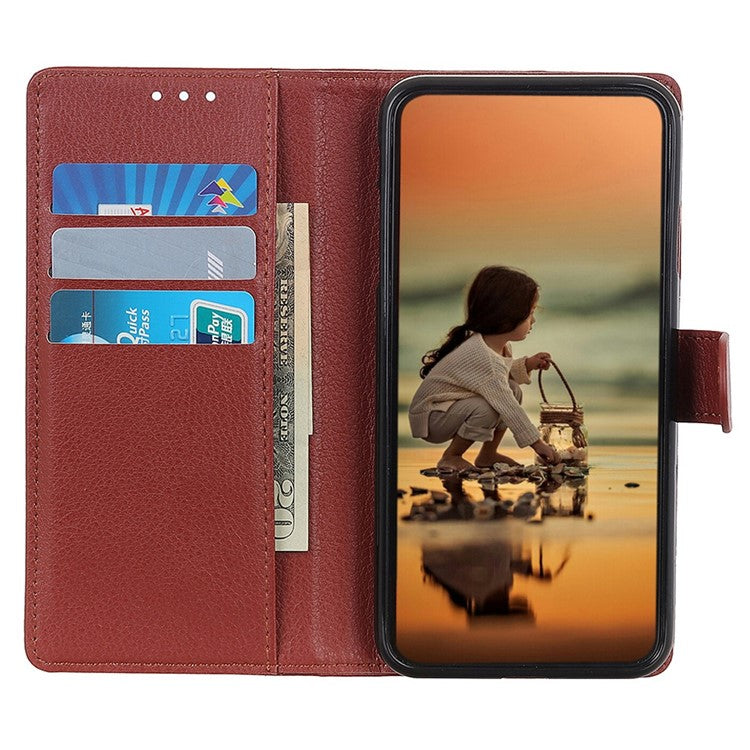 For Honor X7a 5G Drop Protection Phone Case Litchi Texture PU Leather Stand Wallet Anti-scratch Protective Phone Cover - Brown