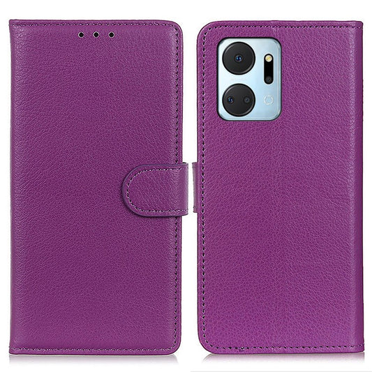 For Honor X7a 5G Drop Protection Phone Case Litchi Texture PU Leather Stand Wallet Anti-scratch Protective Phone Cover - Purple