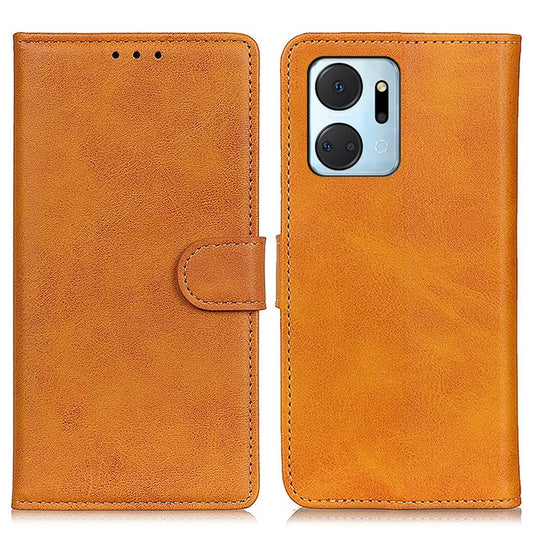 For Honor X7a 5G Anti-Scratch Cowhide Texture Wallet Stand PU Leather Phone Case Magnetic Clasp Phone Cover - Brown