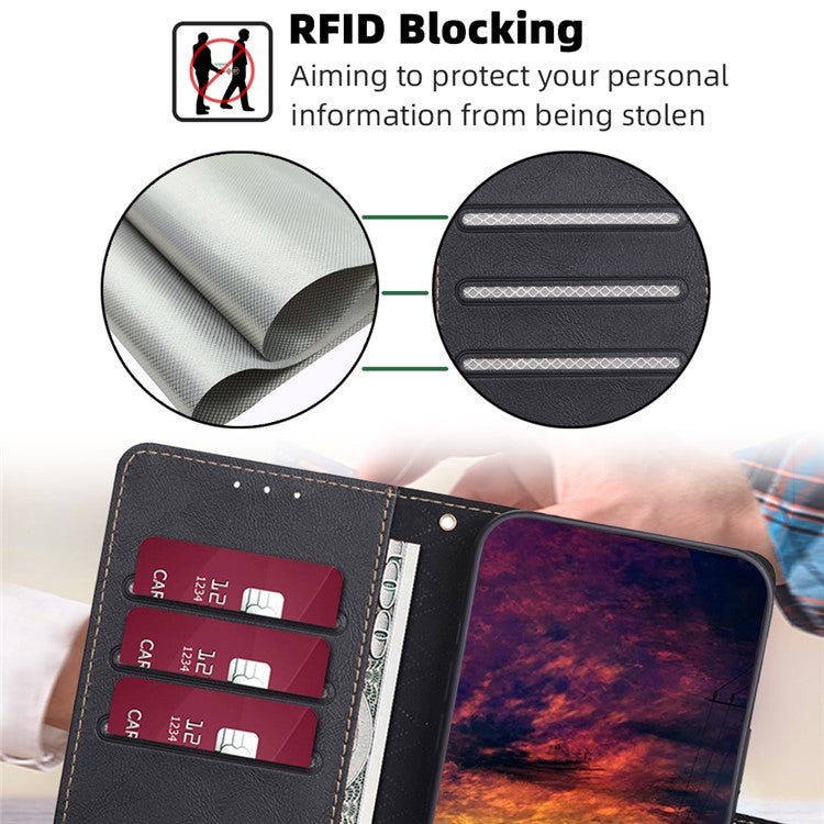 For Honor 80 GT 5G Anti-scratch Cowhide Texture PU Leather Stand Wallet Phone Case RFID Blocking Cover - Black