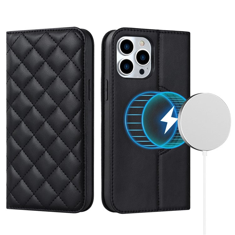 Leather Phone Case for iPhone 14 Pro Max Card Holder RFID Blocking Stand Phone Cover Compatible with MagSafe - Black