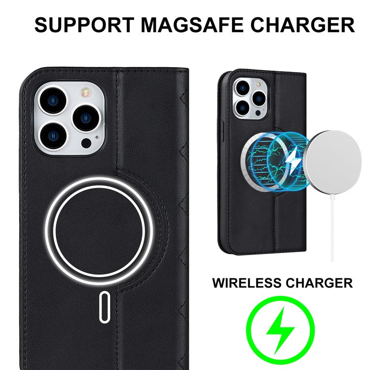 Leather Phone Case for iPhone 14 Pro Max Card Holder RFID Blocking Stand Phone Cover Compatible with MagSafe - Black