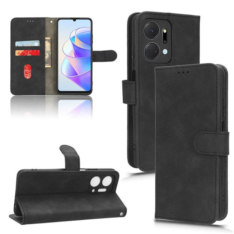 For Honor X7a 5G PU Leather Mobile Phone Case Skin-touch Stand Wallet Anti-drop Flip Phone Cover - Black