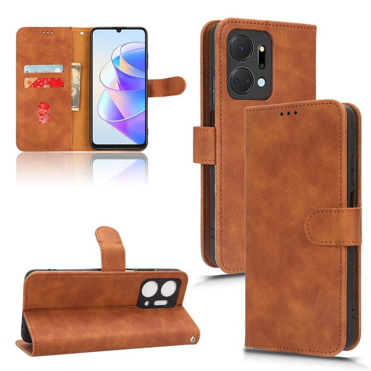 For Honor X7a 5G PU Leather Mobile Phone Case Skin-touch Stand Wallet Anti-drop Flip Phone Cover - Brown