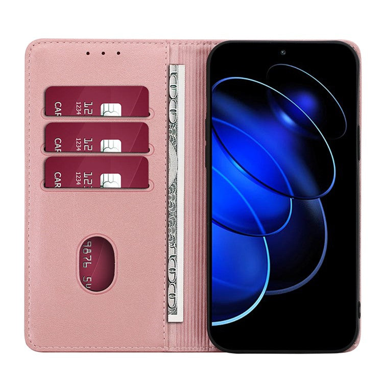 Anti-drop Leather Phone Case for Honor 80 GT 5G , Calf Texture Wallet Stand Magnetic Closure Phone Cover - Rose Gold