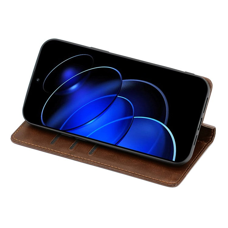 Anti-drop Leather Phone Case for Honor 80 GT 5G , Calf Texture Wallet Stand Magnetic Closure Phone Cover - Brown