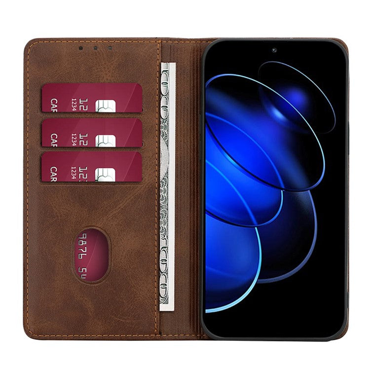 Anti-drop Leather Phone Case for Honor 80 GT 5G , Calf Texture Wallet Stand Magnetic Closure Phone Cover - Brown