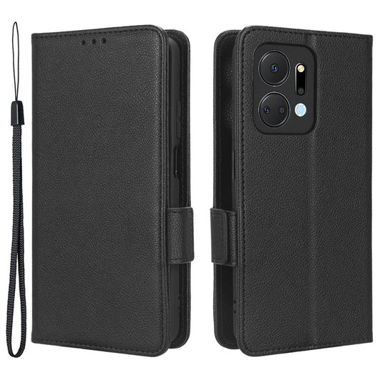 Leather Cell Phone Cover For Honor X7a 5G / Play7T 5G Wallet Stand Litchi Texture Shockproof Flip Phone Case - Black