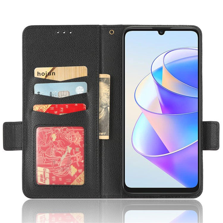 Leather Cell Phone Cover For Honor X7a 5G / Play7T 5G Wallet Stand Litchi Texture Shockproof Flip Phone Case - Black