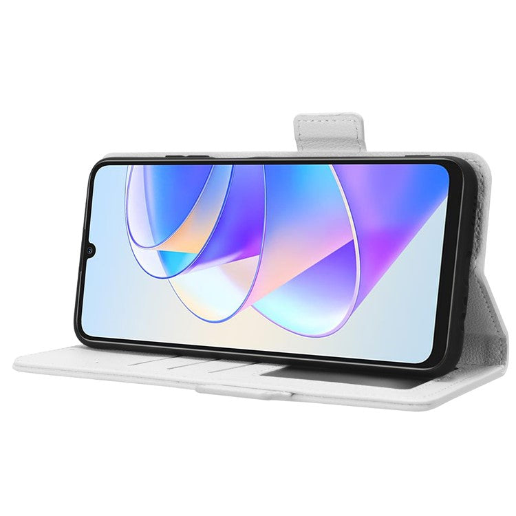 Leather Cell Phone Cover For Honor X7a 5G / Play7T 5G Wallet Stand Litchi Texture Shockproof Flip Phone Case - White