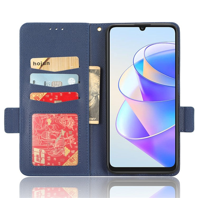Leather Cell Phone Cover For Honor X7a 5G / Play7T 5G Wallet Stand Litchi Texture Shockproof Flip Phone Case - Dark Blue