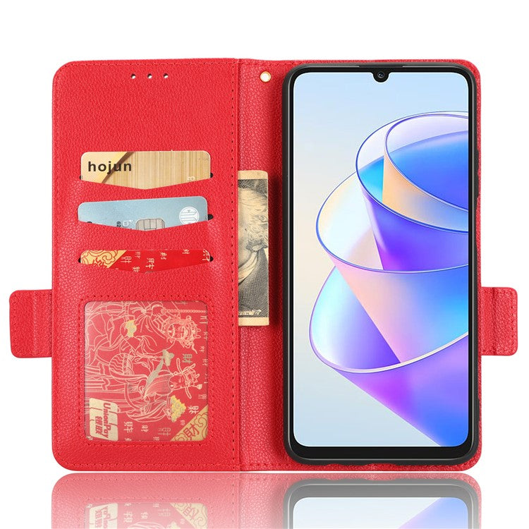 Leather Cell Phone Cover For Honor X7a 5G / Play7T 5G Wallet Stand Litchi Texture Shockproof Flip Phone Case - Red