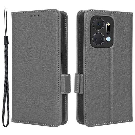 Leather Cell Phone Cover For Honor X7a 5G / Play7T 5G Wallet Stand Litchi Texture Shockproof Flip Phone Case - Grey