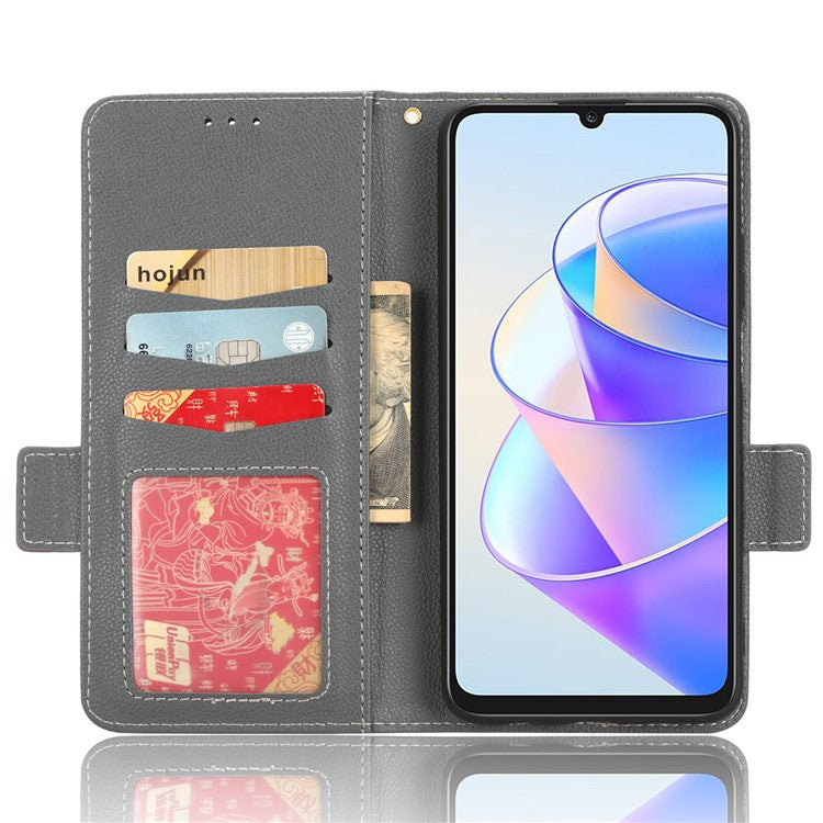 Leather Cell Phone Cover For Honor X7a 5G / Play7T 5G Wallet Stand Litchi Texture Shockproof Flip Phone Case - Grey