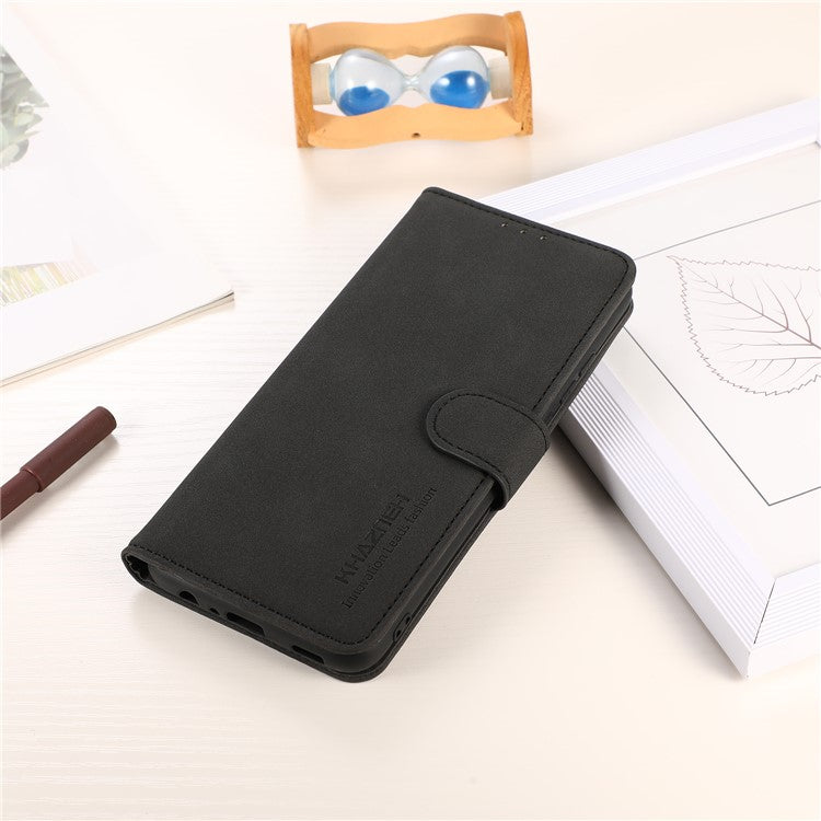 KHAZNEH For Honor X7a 5G Textured PU Leather Anti-drop Cover Cell Phone Wallet Case with Stand - Black