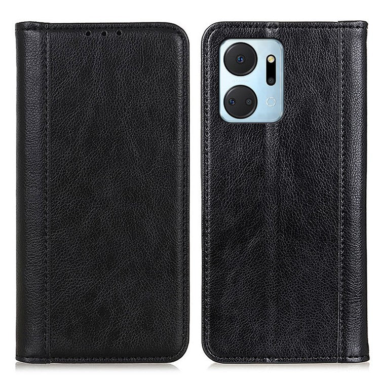 For Honor X7a 5G Split Leather Cell Phone Case Litchi Texture Shockproof Stand Wallet Cover - Black