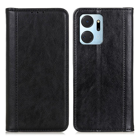 For Honor X7a 5G Split Leather Cell Phone Case Litchi Texture Shockproof Stand Wallet Cover - Black
