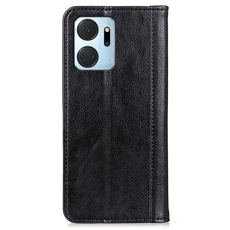 For Honor X7a 5G Split Leather Cell Phone Case Litchi Texture Shockproof Stand Wallet Cover - Black