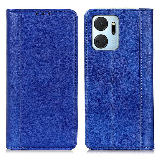 For Honor X7a 5G Split Leather Cell Phone Case Litchi Texture Shockproof Stand Wallet Cover - Blue