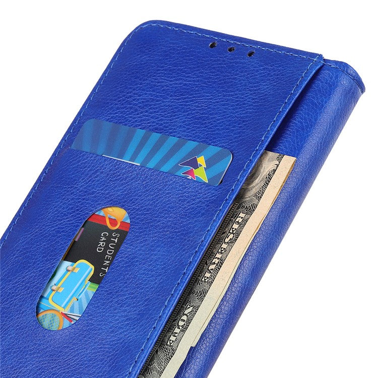 For Honor X7a 5G Split Leather Cell Phone Case Litchi Texture Shockproof Stand Wallet Cover - Blue