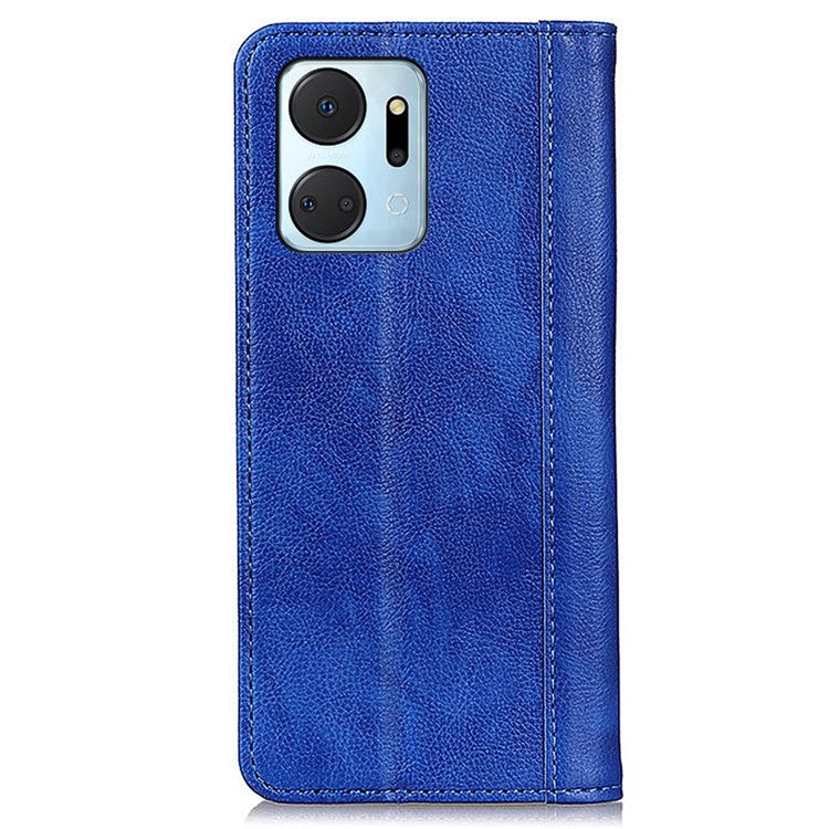 For Honor X7a 5G Split Leather Cell Phone Case Litchi Texture Shockproof Stand Wallet Cover - Blue
