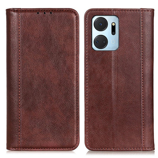 For Honor X7a 5G Split Leather Cell Phone Case Litchi Texture Shockproof Stand Wallet Cover - Brown