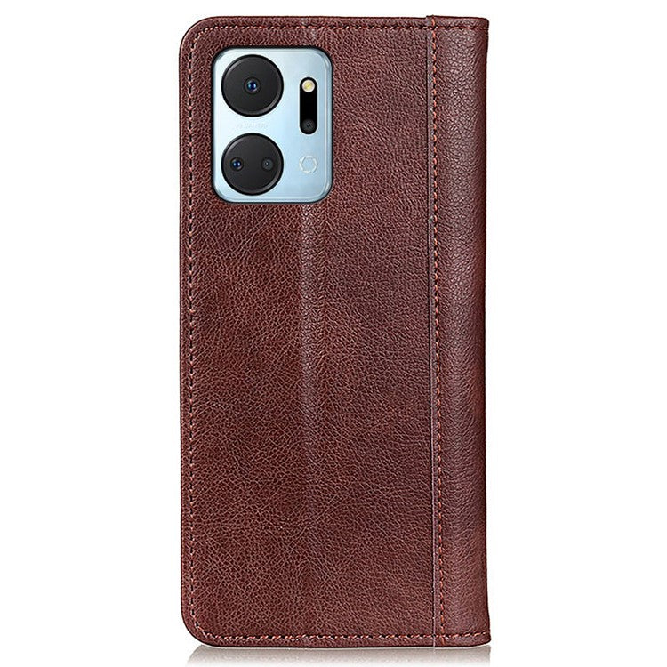 For Honor X7a 5G Split Leather Cell Phone Case Litchi Texture Shockproof Stand Wallet Cover - Brown