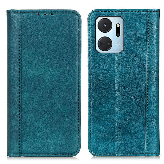 For Honor X7a 5G Split Leather Cell Phone Case Litchi Texture Shockproof Stand Wallet Cover - Green