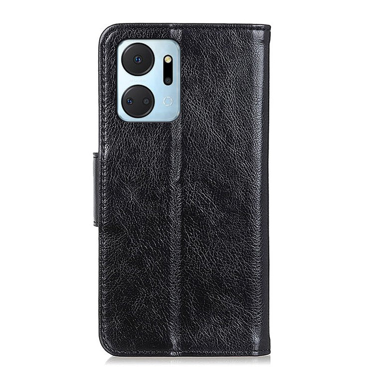 For Honor X7a 5G Wallet Magnetic Clasp Phone Cover Nappa Texture Foldable Stand Split Leather Case - Black