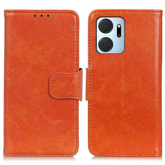 For Honor X7a 5G Wallet Magnetic Clasp Phone Cover Nappa Texture Foldable Stand Split Leather Case - Orange