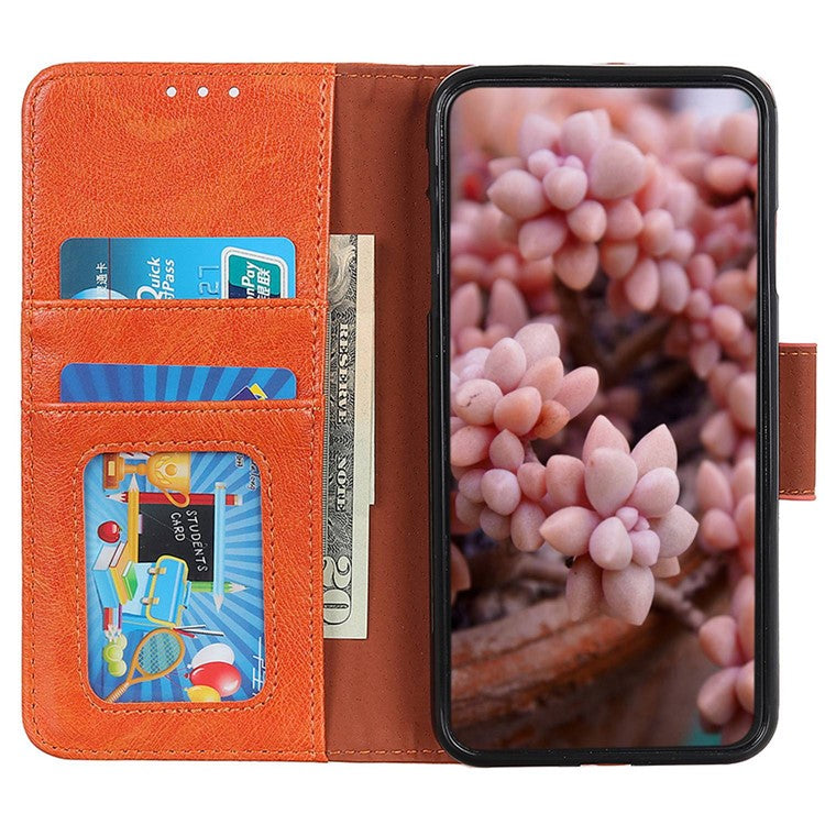 For Honor X7a 5G Wallet Magnetic Clasp Phone Cover Nappa Texture Foldable Stand Split Leather Case - Orange