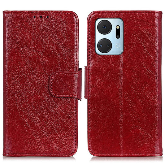 For Honor X7a 5G Wallet Magnetic Clasp Phone Cover Nappa Texture Foldable Stand Split Leather Case - Red