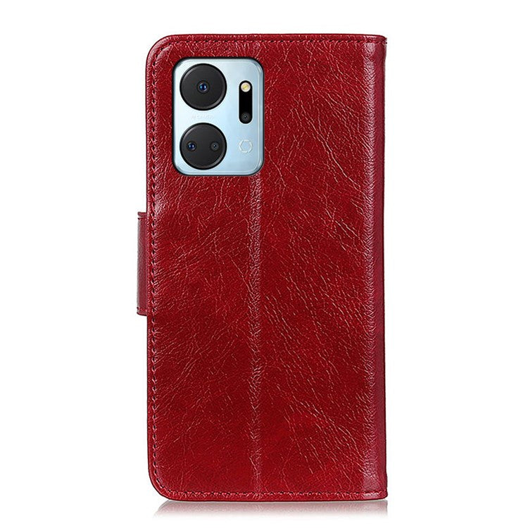 For Honor X7a 5G Wallet Magnetic Clasp Phone Cover Nappa Texture Foldable Stand Split Leather Case - Red