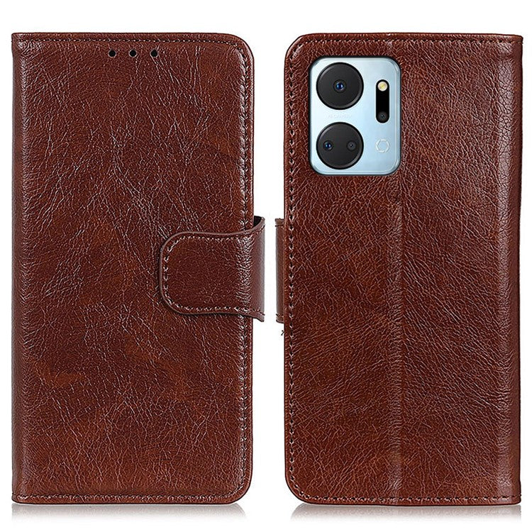 For Honor X7a 5G Wallet Magnetic Clasp Phone Cover Nappa Texture Foldable Stand Split Leather Case - Brown