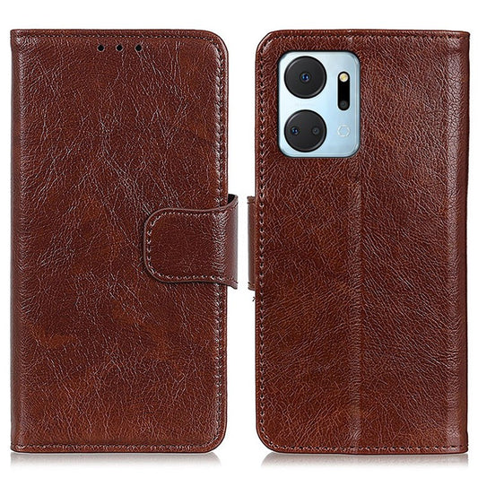 For Honor X7a 5G Wallet Magnetic Clasp Phone Cover Nappa Texture Foldable Stand Split Leather Case - Brown