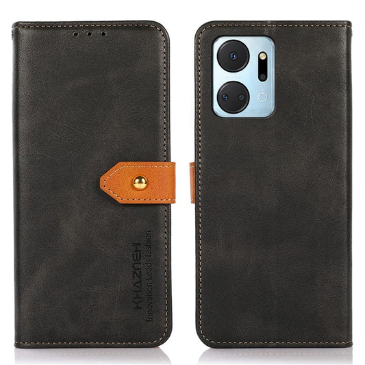 KHAZNEH For Honor X7a 5G Leather Phone Case Cowhide Texture PU Leather Wallet Stand Cover - Black