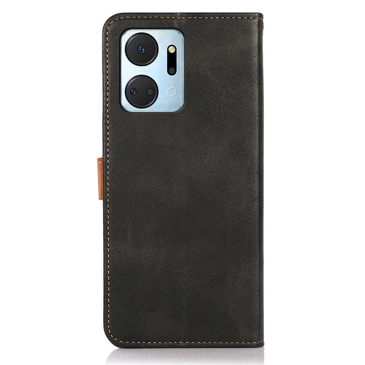 KHAZNEH For Honor X7a 5G Leather Phone Case Cowhide Texture PU Leather Wallet Stand Cover - Black