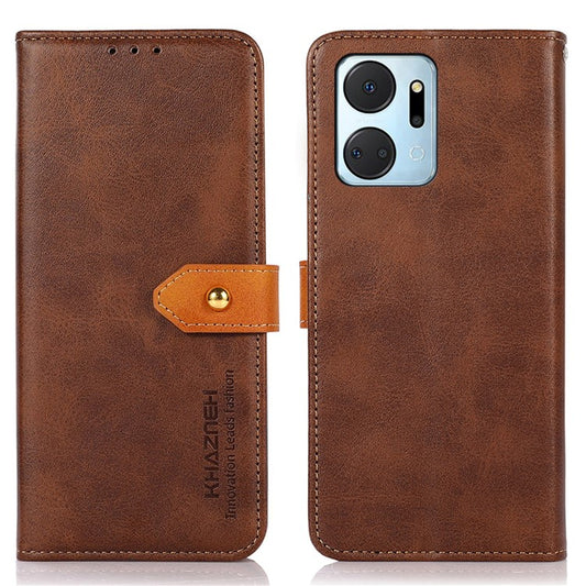 KHAZNEH For Honor X7a 5G Leather Phone Case Cowhide Texture PU Leather Wallet Stand Cover - Brown