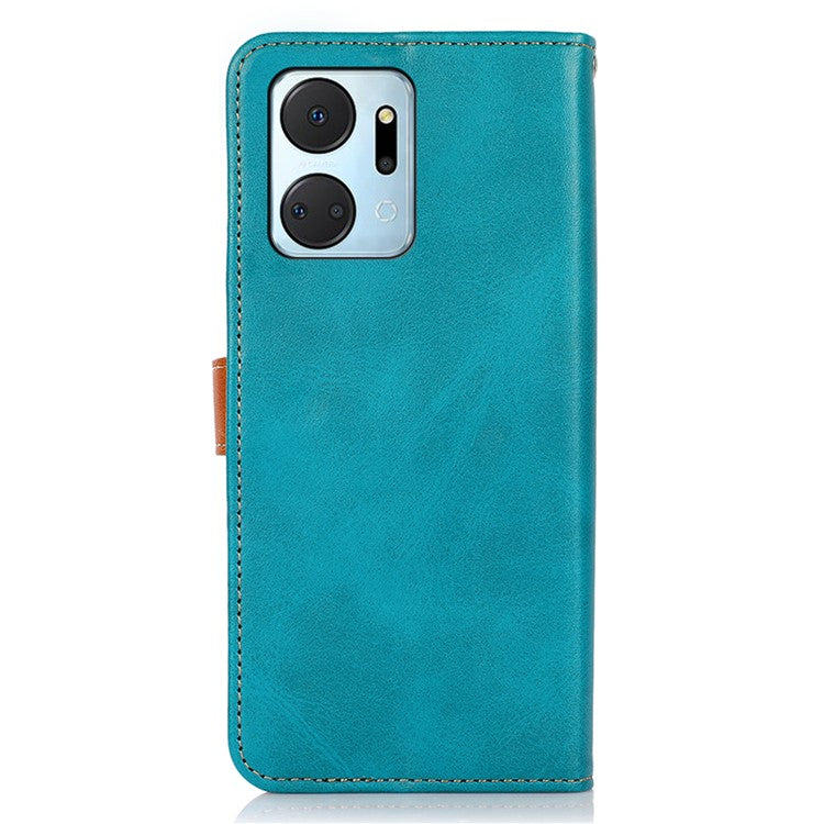 KHAZNEH For Honor X7a 5G Leather Phone Case Cowhide Texture PU Leather Wallet Stand Cover - Blue