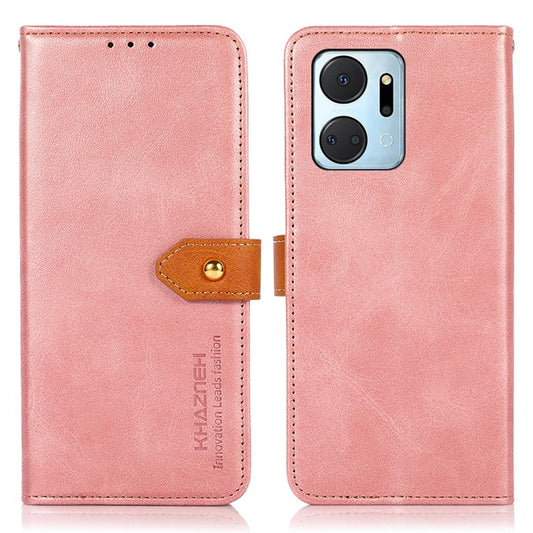 KHAZNEH For Honor X7a 5G Leather Phone Case Cowhide Texture PU Leather Wallet Stand Cover - Rose Gold