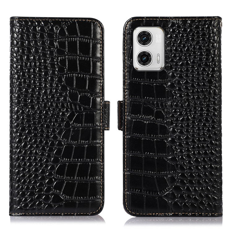 Phone Stand Case for Motorola Moto G73 5G RFID Blocking Genuine Cowhide Leather Wallet Phone Cover - Black