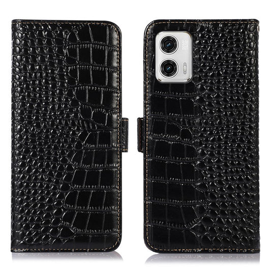 Phone Stand Case for Motorola Moto G73 5G RFID Blocking Genuine Cowhide Leather Wallet Phone Cover - Black