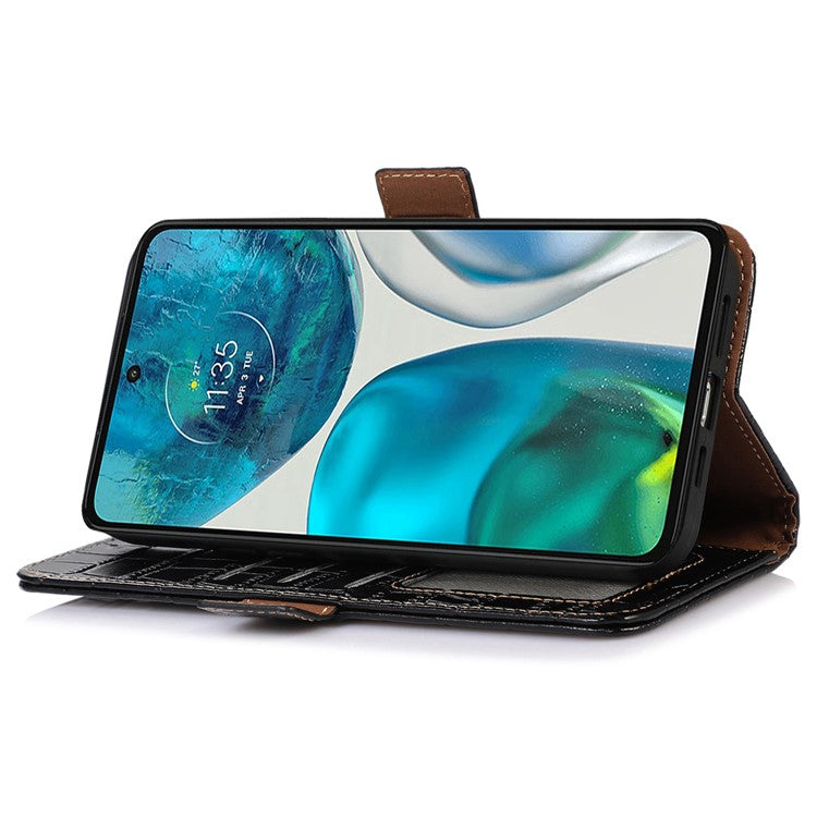 Phone Stand Case for Motorola Moto G73 5G RFID Blocking Genuine Cowhide Leather Wallet Phone Cover - Black