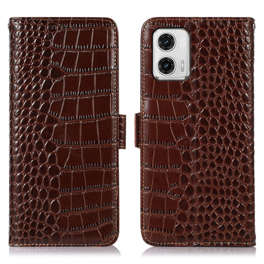 Phone Stand Case for Motorola Moto G73 5G RFID Blocking Genuine Cowhide Leather Wallet Phone Cover - Brown