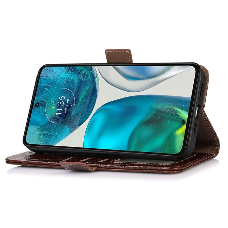 Phone Stand Case for Motorola Moto G73 5G RFID Blocking Genuine Cowhide Leather Wallet Phone Cover - Brown