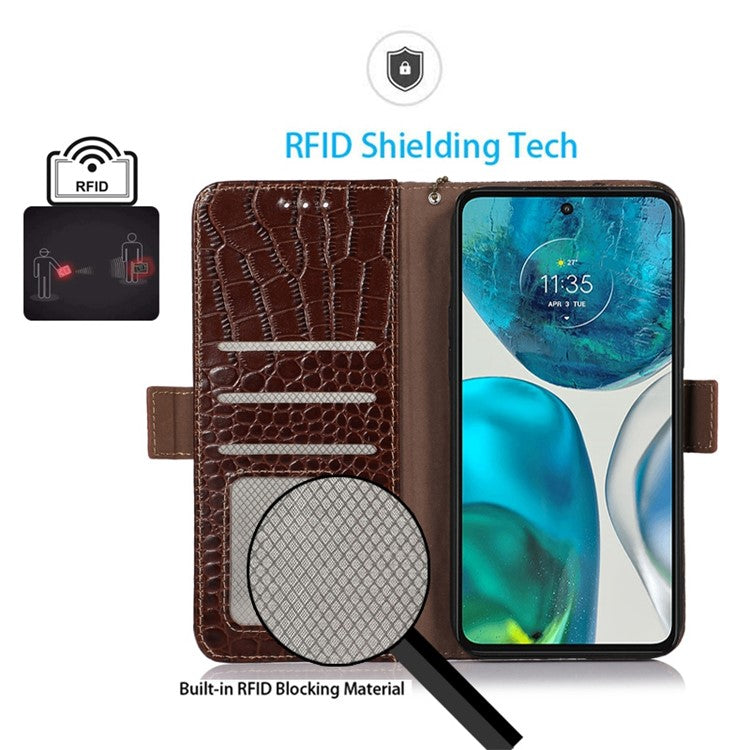 Phone Stand Case for Motorola Moto G73 5G RFID Blocking Genuine Cowhide Leather Wallet Phone Cover - Brown